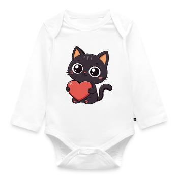 Chat noir kawaii tenant un cœur rouge - Body Bébé bio manches longues - blanc - Devant