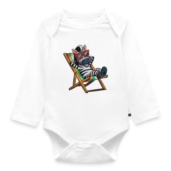 Zebra relaxing in deck chair with colorful stripes - Organic Longsleeve Baby Bodysuit - white - Front