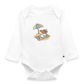 Sun bird on the beach with umbrella - Organic Longsleeve Baby Bodysuit - white - Front