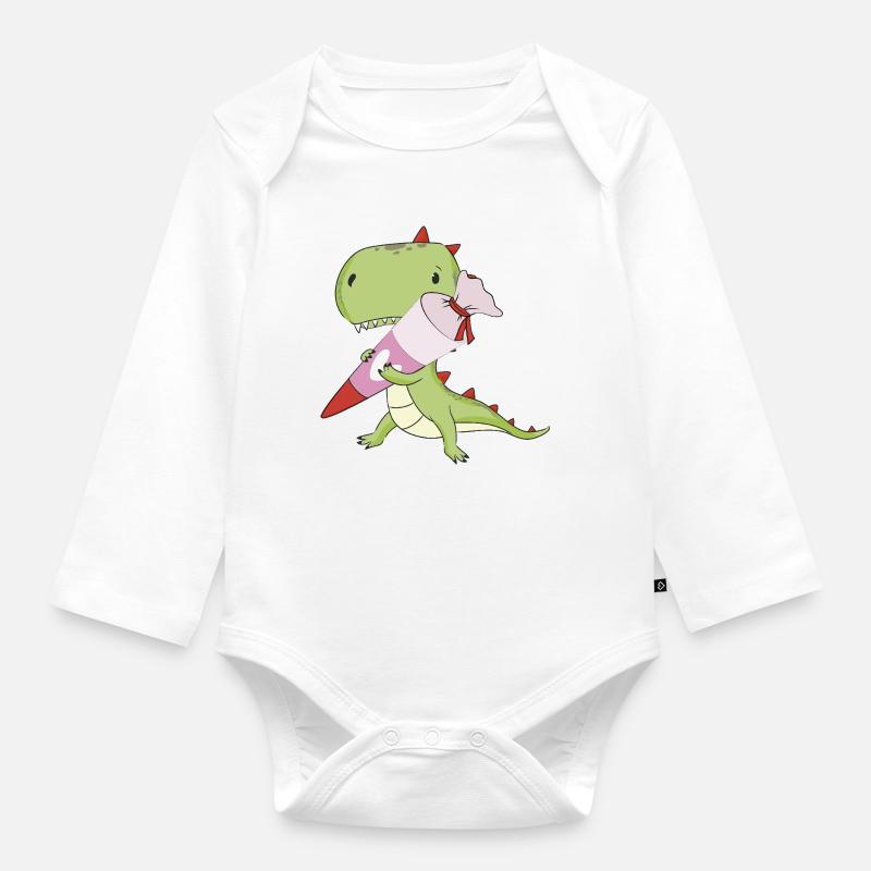DINO avec cône rose d’école, école - Body Bébé bio manches longues - blanc