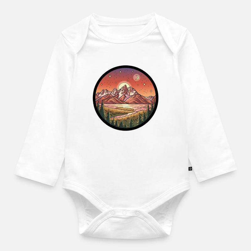 Moonlight Mountains Round Patch - Organic Longsleeve Baby Bodysuit - white