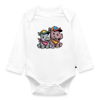 Funny Baby Rhino & Hippo – Cute Animal Duo - Organic Longsleeve Baby Bodysuit - white - Front