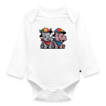 Funny Baby Rhino & Hippo – Cute Animal Duo - Organic Longsleeve Baby Bodysuit - white - Front