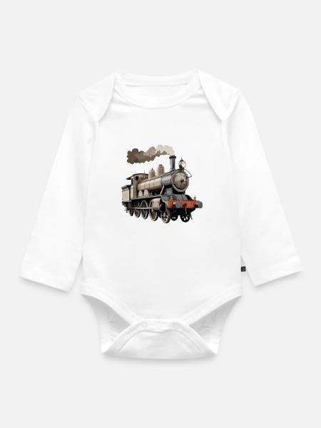 Klassische Dampflok im Retrolook - Baby Bio-Langarm-Body - Weiß