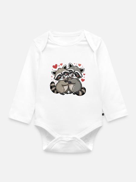 Niedlilches Waschbär Paar mit Herzen - Baby Bio-Langarm-Body - Weiß
