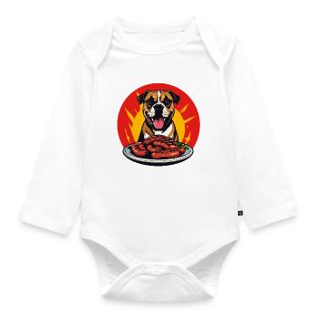 Dog with sausage plate fun grilling sausages motif - Organic Longsleeve Baby Bodysuit - white - Front