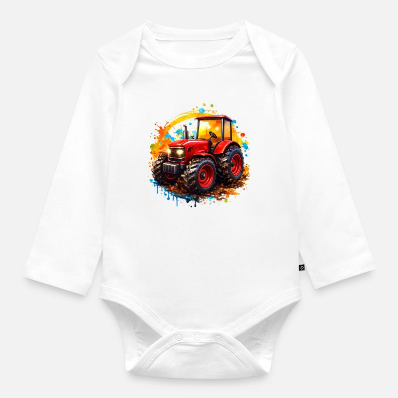 Roter Traktor mit Farbspritzern  - Baby Bio-Langarm-Body - Weiß
