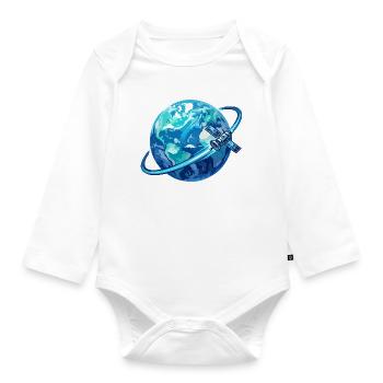 Earth Blue Planet Satellite Globe Satellite Ring - Organic Longsleeve Baby Bodysuit - white - Front