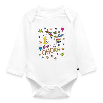 1 year girl unicorn I'm small but - Organic Longsleeve Baby Bodysuit - white - Front