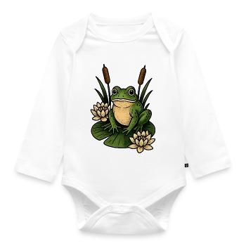 Green frog on lily pad - Organic Longsleeve Baby Bodysuit - white - Front