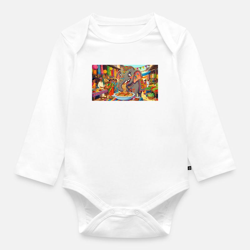 Art drôle de l’éléphant mangeant des spaghettis - Body Bébé bio manches longues - blanc