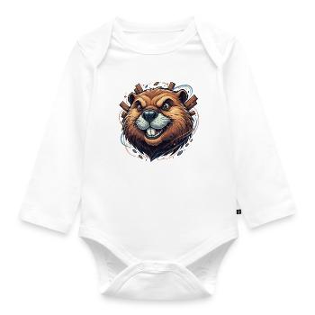 Cheerful Beaver with Wooden Accents - Organic Longsleeve Baby Bodysuit - white - Front