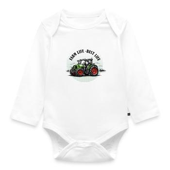 Farm Life – Green and Red Tractor Vintage Style - Organic Longsleeve Baby Bodysuit - white - Front