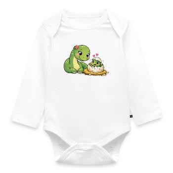 Dino Mama mit Baby – Süßer Dino schlüpft aus Ei - Baby Bio-Langarm-Body - Weiß - Vorne
