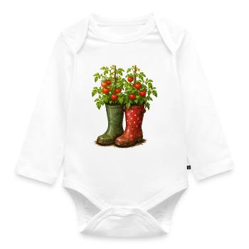 Motif de plants de tomates dans le jardin des bottes de caoutchouc - Body Bébé bio manches longues - blanc - Devant