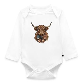 American Highland Cattle with Flag Bowtie - Organic Longsleeve Baby Bodysuit - white - Front
