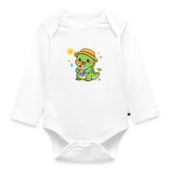 Sunny dinosaur with iced drink - Organic Longsleeve Baby Bodysuit - white - Front