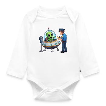 Extraterrestrial in UFO bureaucracy scene - Organic Longsleeve Baby Bodysuit - white - Front