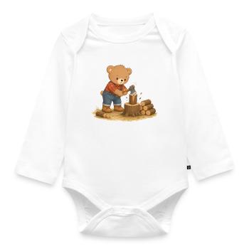 Bär beim Holzhacken Waldarbeit Tiermotiv - Baby Bio-Langarm-Body - Weiß - Vorne