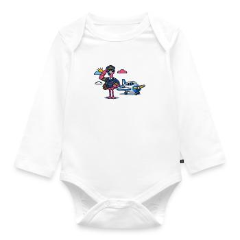 Flamingo pilot on propeller plane - Organic Longsleeve Baby Bodysuit - white - Front