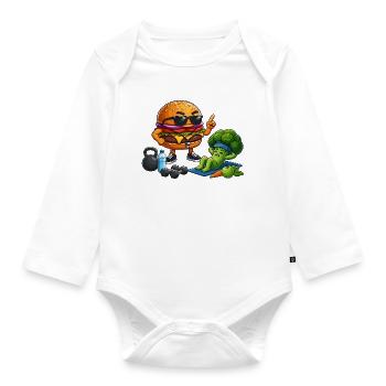 Burger-Gym Hero meets broccoli training - Organic Longsleeve Baby Bodysuit - white - Front