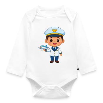 Little pilot with airplane - Organic Longsleeve Baby Bodysuit - white - Front
