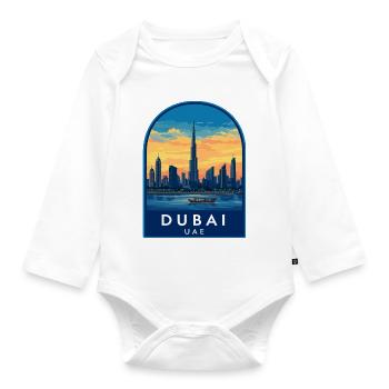 Dubai UAE Burj Khalifa Skyline Retro Sunset Badge - Organic Longsleeve Baby Bodysuit - white - Front