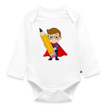 Superheld mit Stift & Brille zur Einschulung - Baby Bio-Langarm-Body - Weiß - Vorne