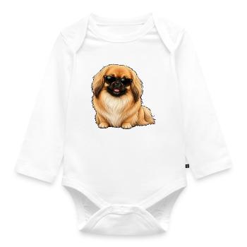 Pikinese dog with cool sunglasses cartoon - Organic Longsleeve Baby Bodysuit - white - Front