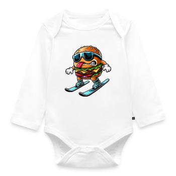 Funny skier with cheeseburger comic - Organic Longsleeve Baby Bodysuit - white - Front