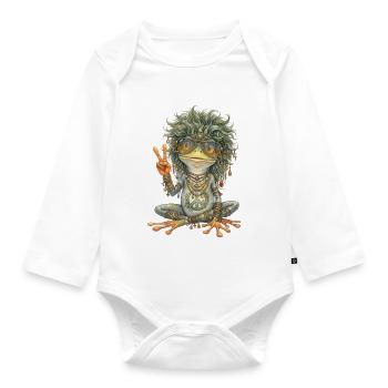 Aquarelle : Grenouille hippie avec le signe de paix - Body Bébé bio manches longues - blanc - Devant