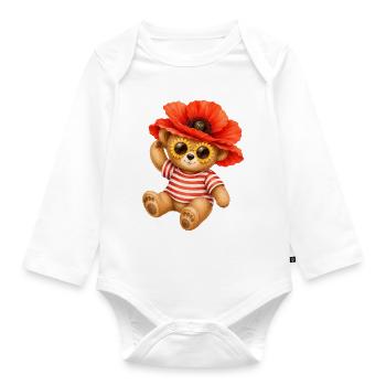 Cute Teddy Bear with Poppy Hat & Floral Glasses - Organic Longsleeve Baby Bodysuit - white - Front