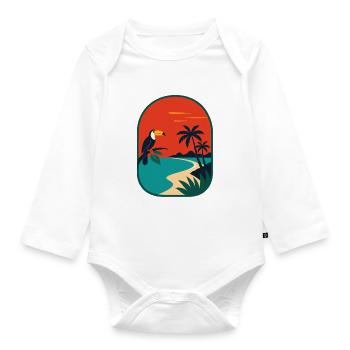 Tropical coastal panorama with toucan - Organic Longsleeve Baby Bodysuit - white - Front