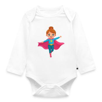 Flying cartoon superheroine with purple cape - Organic Longsleeve Baby Bodysuit - white - Front