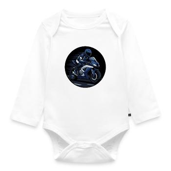 Blue racer on sport motorcycle - Organic Longsleeve Baby Bodysuit - white - Front
