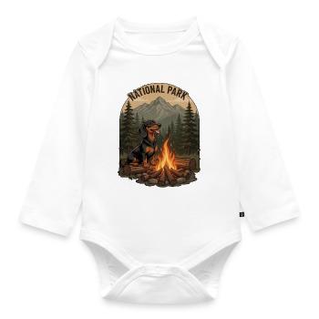 Vintage Dachshund Camping – National Park Badge - Organic Longsleeve Baby Bodysuit - white - Front