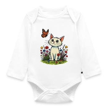 White cat with butterfly on flower meadow - Organic Longsleeve Baby Bodysuit - white - Front