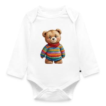 Cute teddy bear in colorful striped sweater - Organic Longsleeve Baby Bodysuit - white - Front