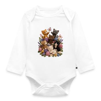 Crochet Cats in Floral Garden - Organic Longsleeve Baby Bodysuit - white - Front
