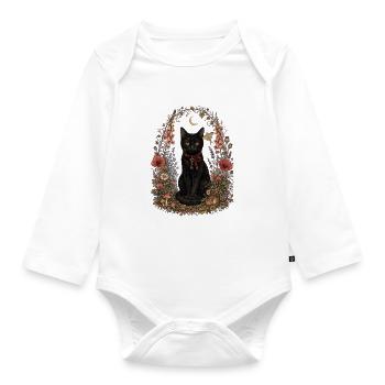 Black Cat in Floral  - Organic Longsleeve Baby Bodysuit - white - Front