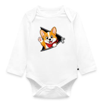 Corgi Dog Zipper - Organic Longsleeve Baby Bodysuit - white - Front