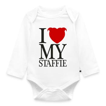 I Love My Staffie With Heart Head - 008b - Organic Longsleeve Baby Bodysuit - white - Front