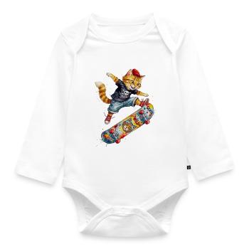 Coole Skating Katze Skateboard Aquarell Design - Baby Bio-Langarm-Body - Weiß - Vorne
