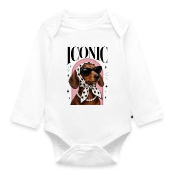 Dackel mit Sonnenbrille, Kopftuch & Perlenkette - Baby Bio-Langarm-Body - Weiß - Vorne