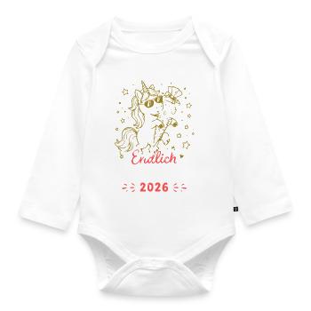 Einhorn Schulkind 2026 Erstschultag - Baby Bio-Langarm-Body - Weiß - Vorne