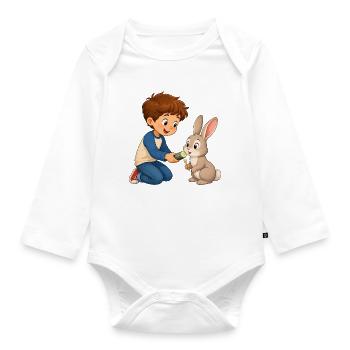 Rabbit gets cucumber from cheerful boy - Organic Longsleeve Baby Bodysuit - white - Front