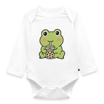Süßer Kawaii-Frosch trinkt Bubble Tea Aufkleber - Baby Bio-Langarm-Body - Weiß - Vorne