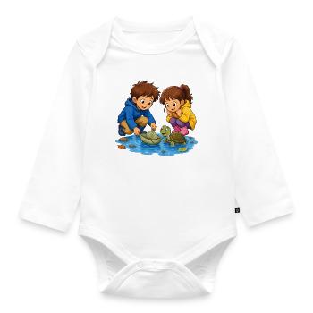 Kinder Schildkröte Blattboot in Pfütze Süß Motiv - Baby Bio-Langarm-Body - Weiß - Vorne