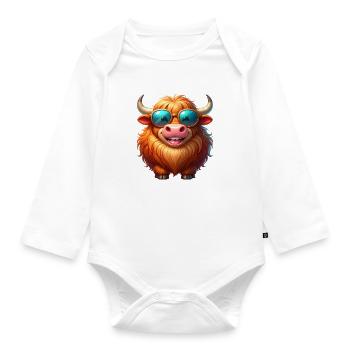 Cooles Highland Rind mit Sonnenbrille – Comic - Baby Bio-Langarm-Body - Weiß - Vorne