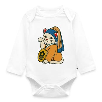 The Kitten with a Purrl Earring – Maneki Neko - Organic Longsleeve Baby Bodysuit - white - Front
